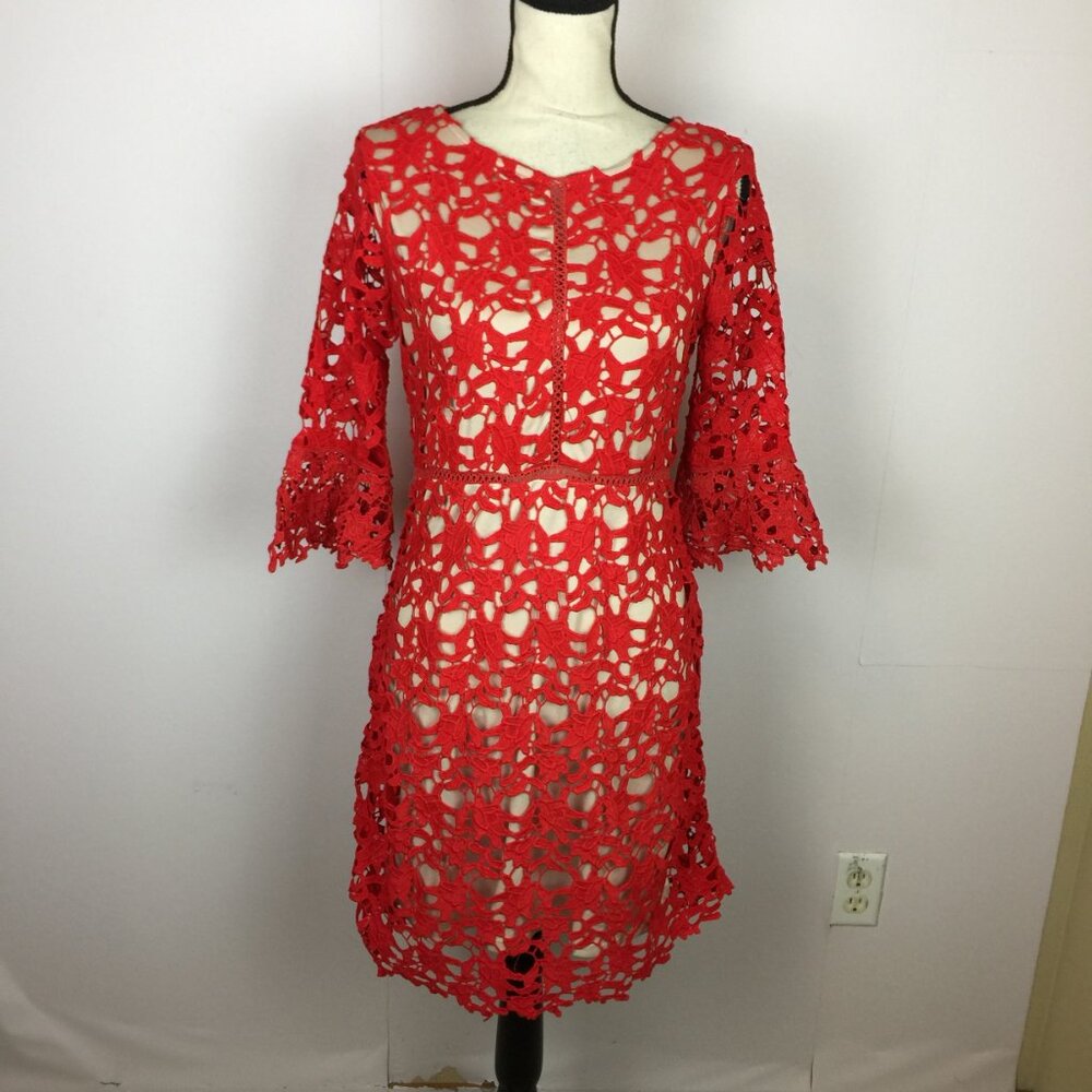 Ryan Michelle A-line Dress PM Womans Petite Red Lace Crochet Bell Sleeve Lined